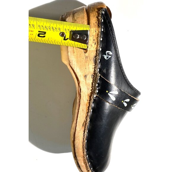Handmade Swedish Black Leather Clogs With Hand-Painted Flowers Wood Sole Size 37 - Picture 13 of 16